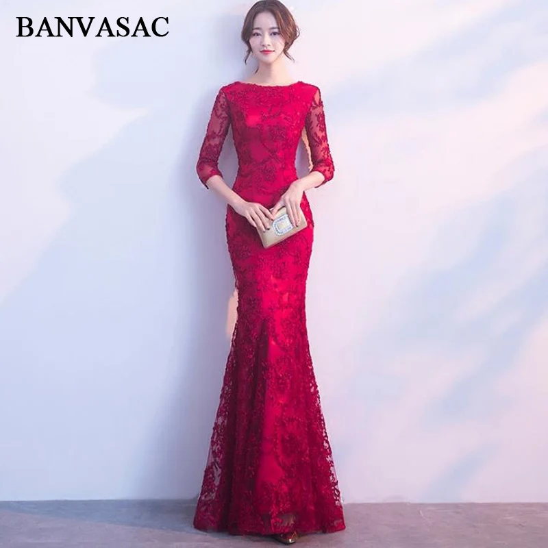 

BANVASAC 2018 O Neck Lace Appliques Mermaid Long Evening Dresses Party Illusion Three Quarter Sleeve Prom Gowns