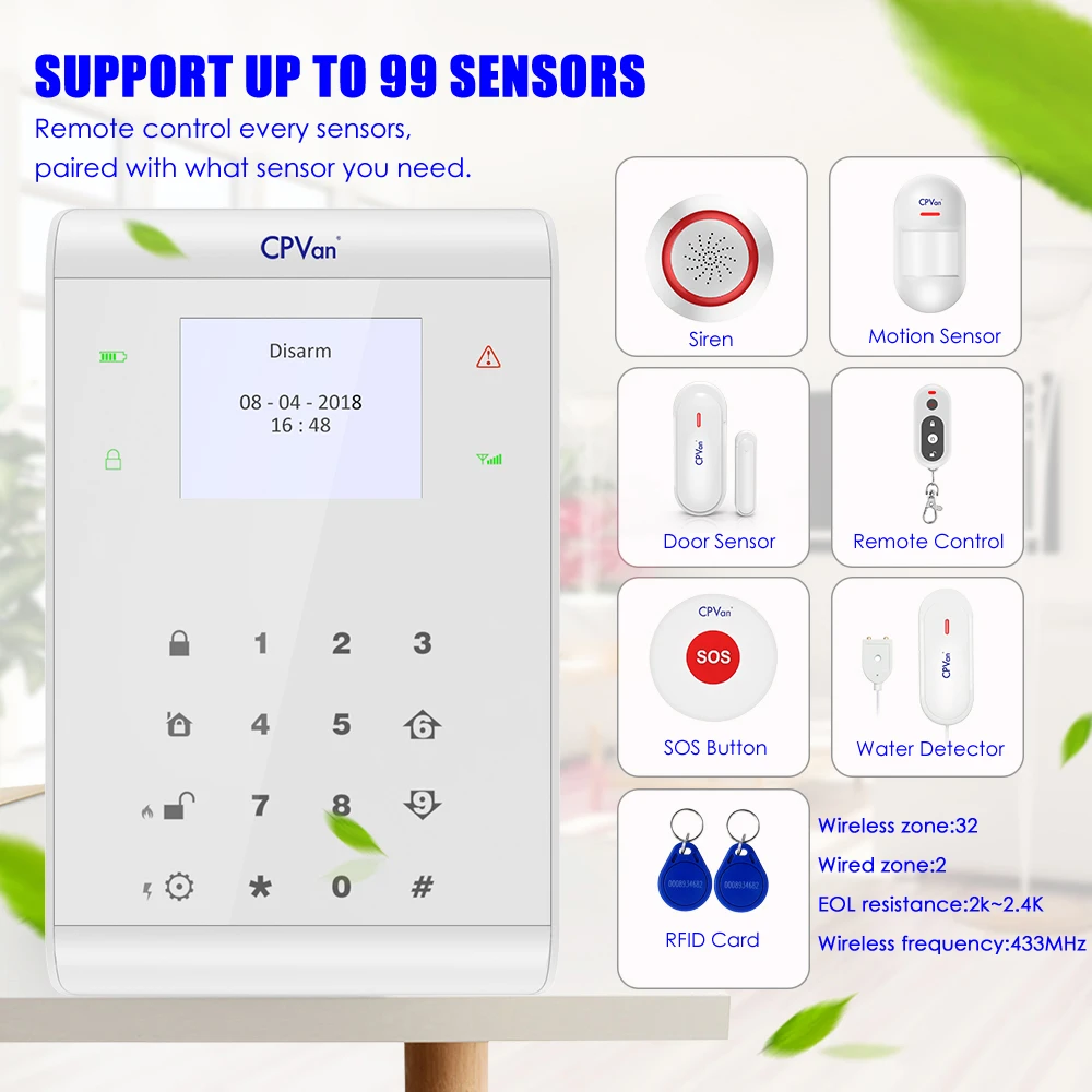 CPVan Wireless 3G GSM SMS alarm systems security home Smart IOS Android APP Control home security PIR Motion Sensors DIY Kit