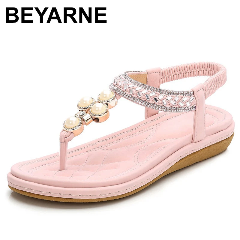 

BEYARNEPlus Size 4-12 Bohemian Crystal Sandals Women Shoes Rhinestone Lady Flip Flops Pearl Slip On Tong Female Flat Beach Shoe