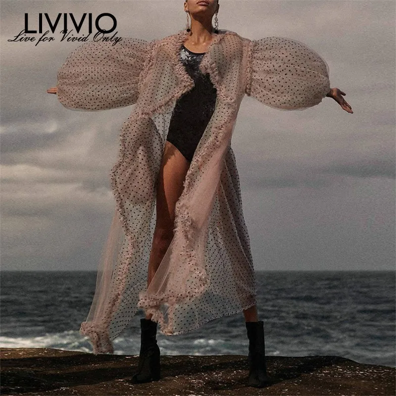 

[LIVIVIO] Summer Polka Dot Women Dress V Neck Lantern Sleeve Ruffles Perspective Loose Dresses Female Fashion 2019 New