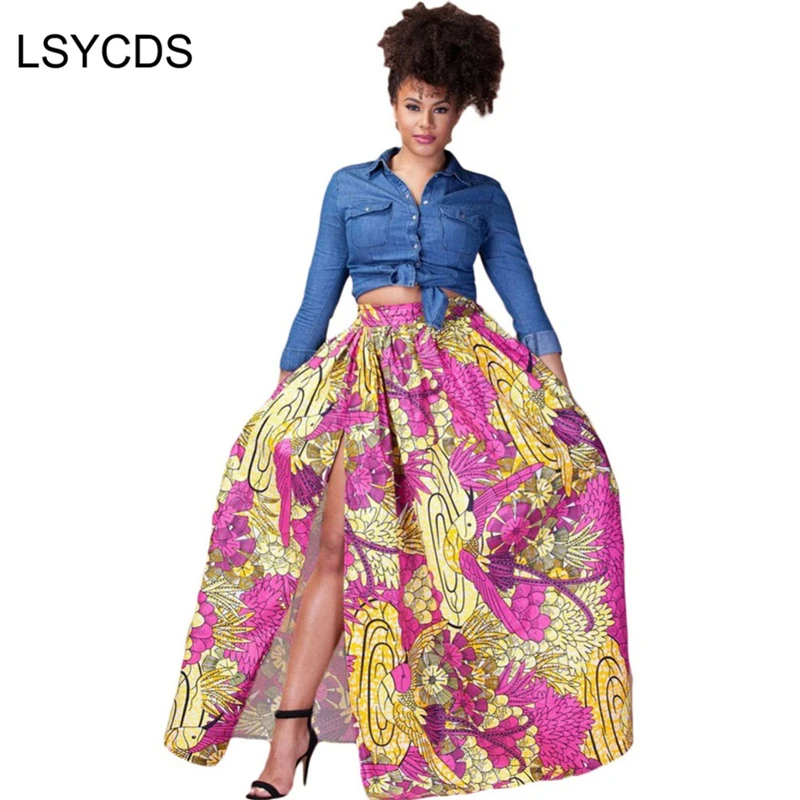 2018 Лето традиционный Цветочный принт Юбки для женщин Faldas largas Винтаж длинное Африканский Асимметричная юбка фиолетовый синий Розовый и