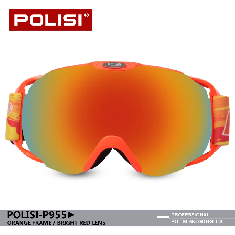 POLISI ski goggles women men adults for snowmobile snowboard Big spherical double lens anti-fog uv400 OTG windstopper P955