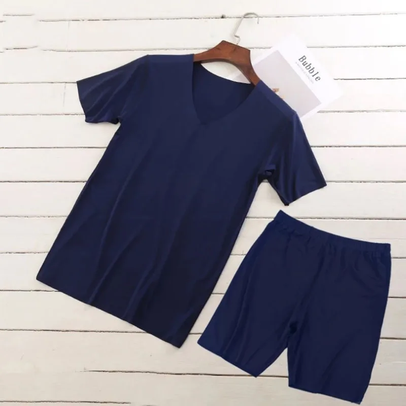 

New Ice Silk Solid Short Sleeve V neck Tshirt Loose Quick-drying Shorts 2 Piece Set Sports Slim Casual For Male T-shirt Clothing