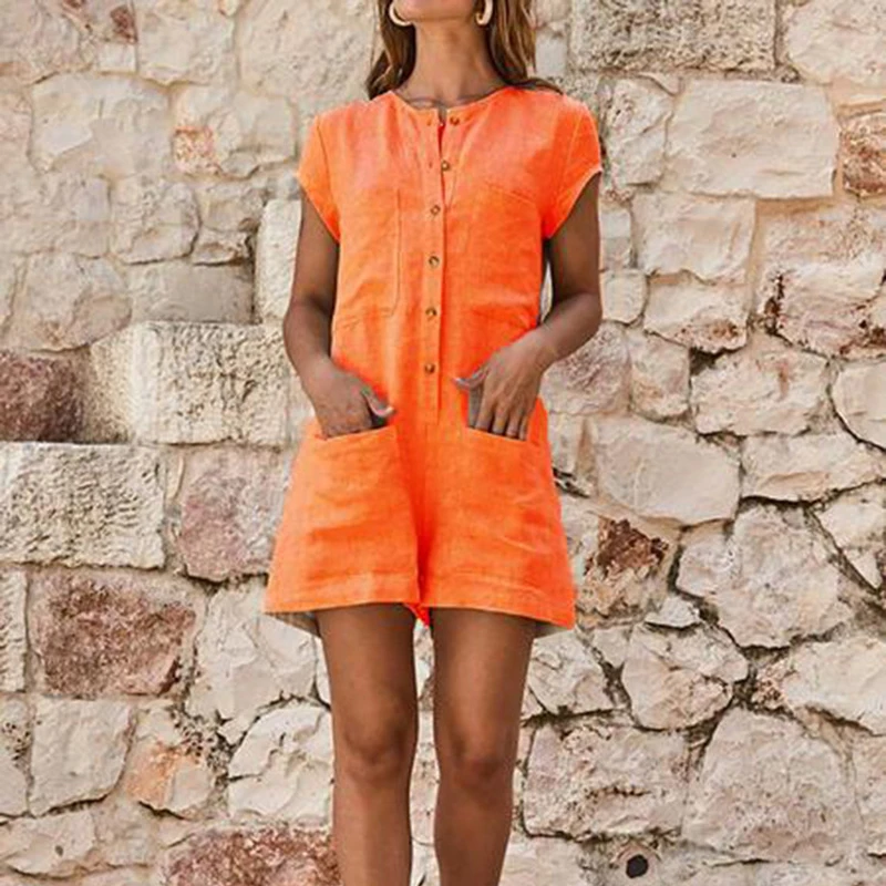 

2019 Women Summer Short Sleeve Casual Rompers Fashion Single-Breasted Pockets Loose Short Playsuits Elegant Femme Plus Size 3XL