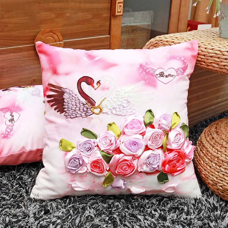 Swan Rose Flower Ribbon embroidery kit Toolkit cushion covers pillow