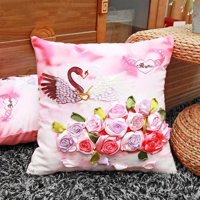 Swan Rose Flower Ribbon embroidery kit Toolkit cushion covers pillow