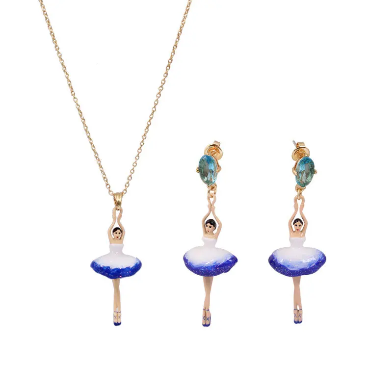 

Dyxytwe High Quality Gem Enamel Glaze Ballet Girl Pendant Necklace Earring Ear Needle Sets