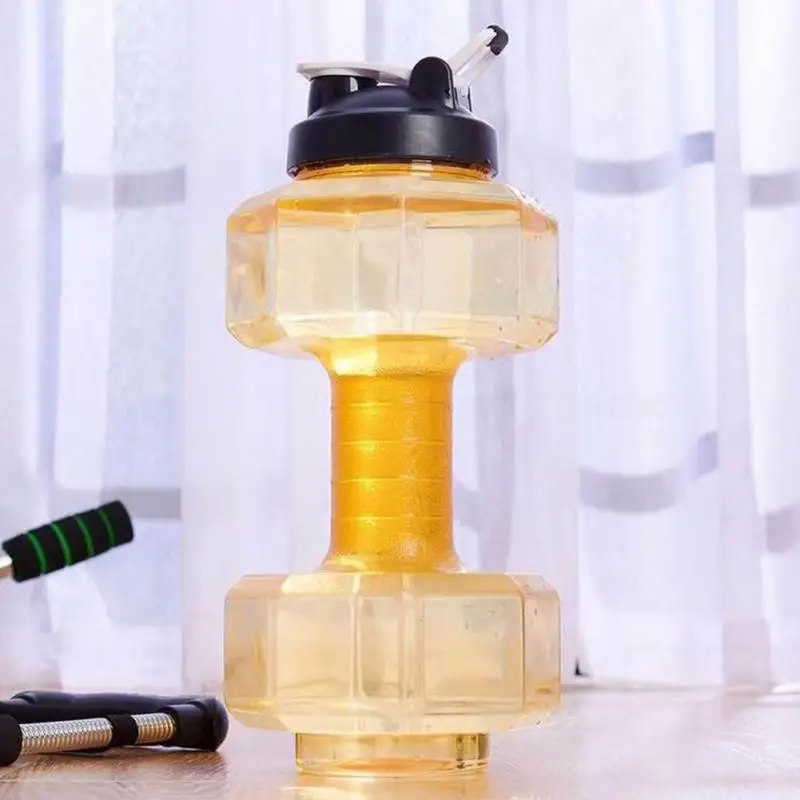2.2L большая емкость многофункциональная форма гантели бутылка для воды Портативный Спорт Тренажерный зал Фитнес PETG push cap чайник для воды с ручкой - Цвет: Цвет: желтый