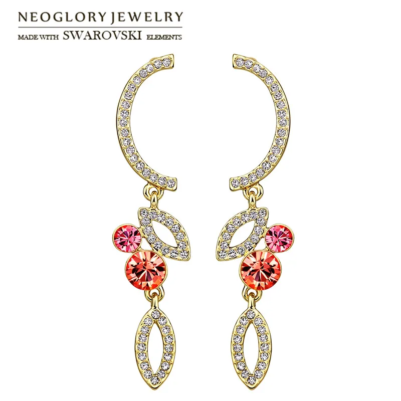 

Neoglory Austria Rhinestone & Czech Rhinestone Long Drop Earrings Elegant Geometric Design Light Yellow Gold Color Fashion