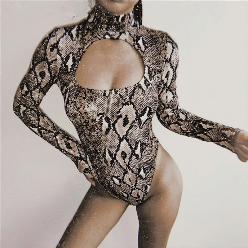 Snake print long sleeve bodysuit Women summer one-piece bodysuit sexy spring hollow out slim playsuit rompers overalls