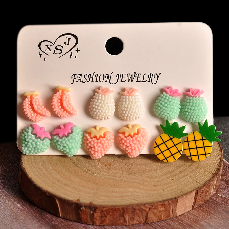 

Newly designed fashionable women jewelry wholesale girl ear studs personality fruit type 6 pairs /set beautiful earrings gift