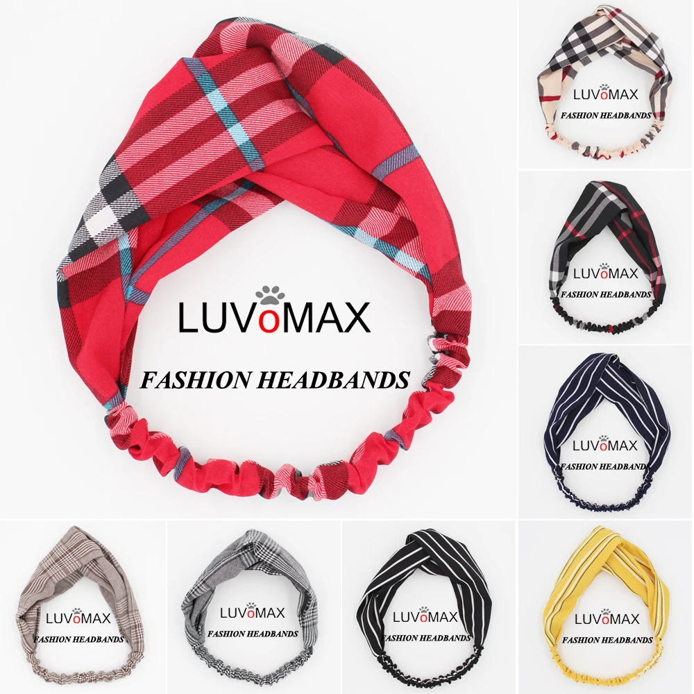 

Office Lady Striped Plaid Cross Headbands Simple Fashion Hair Accessories For Women Hairbands Elastic Knotted Turban Headwrap