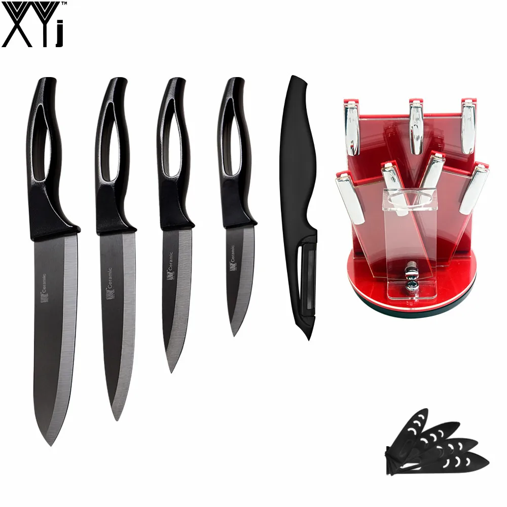 

Most Popular XYJ Brand Kitchen Knife Set Red Knife Stand + Sharp Peeler + 3" Paring 4" Utility 5" Sciling 6" Chef Ceramic Knives