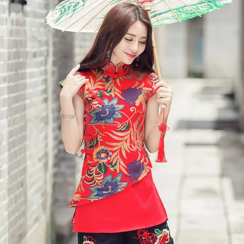 Традиционная китайская блузка, рубашка, топы для женщин, воротник-стойка, Восточная льняная рубашка, блузка, Женский Элегантный Топ cheongsam TA932
