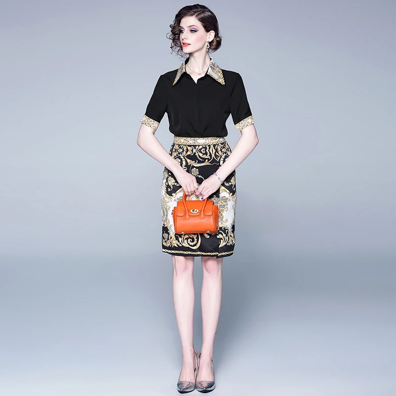 

2019 Summer Office Lady Two Piece Women Set Short Sleeve Patchwork Shirt Top + Bodycon Skirt Set Baroque Print 2 Piece Outfits