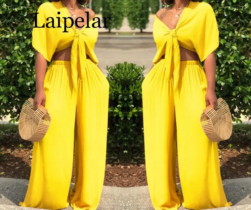 

Laipelar Women loose wide leg pants bandage lace up crop top 2 piece set for female women v-neck short sleeve two piece set wome
