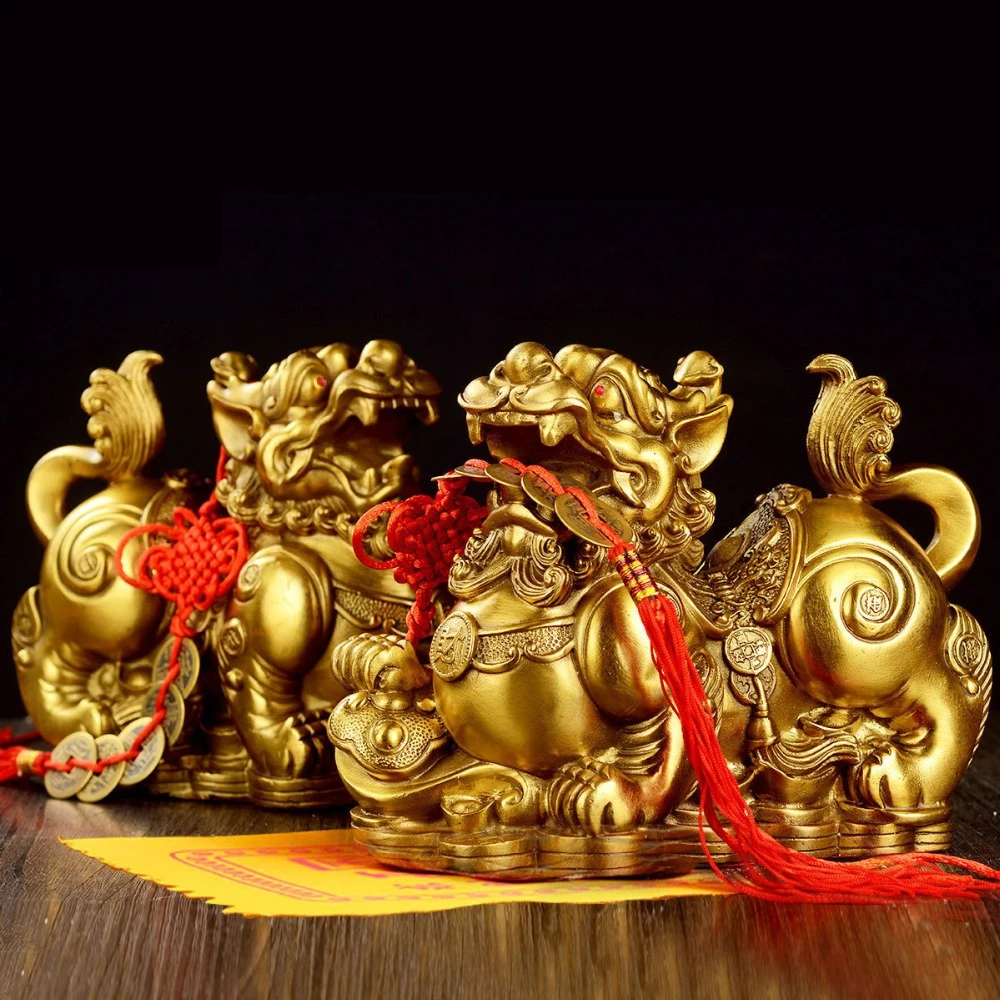 Feng Shui Golden Brass Pi Yao/pi Xiu Wealth Prosperity Figurine 