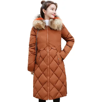 

Slim Solid Winter Woman Coat Casual Long Sleeve O Neck Pocket Cap With Fur Collar Long Parka Women Thick Jacket Winter Women