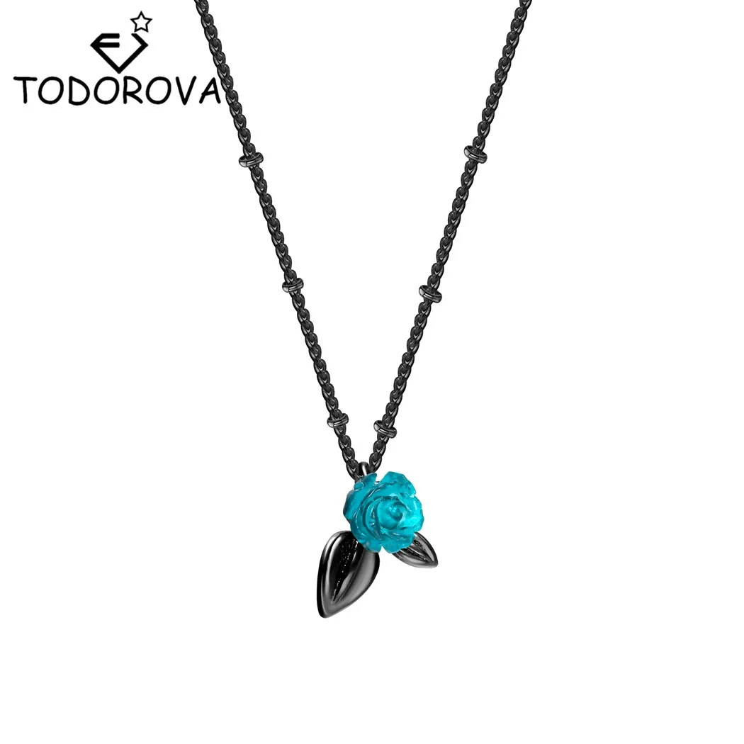 

Todorova Vintage Blue Rose Flower Necklaces & Pendants Black Leaves Long Chain Necklace for Women Jewelry Choker Necklace