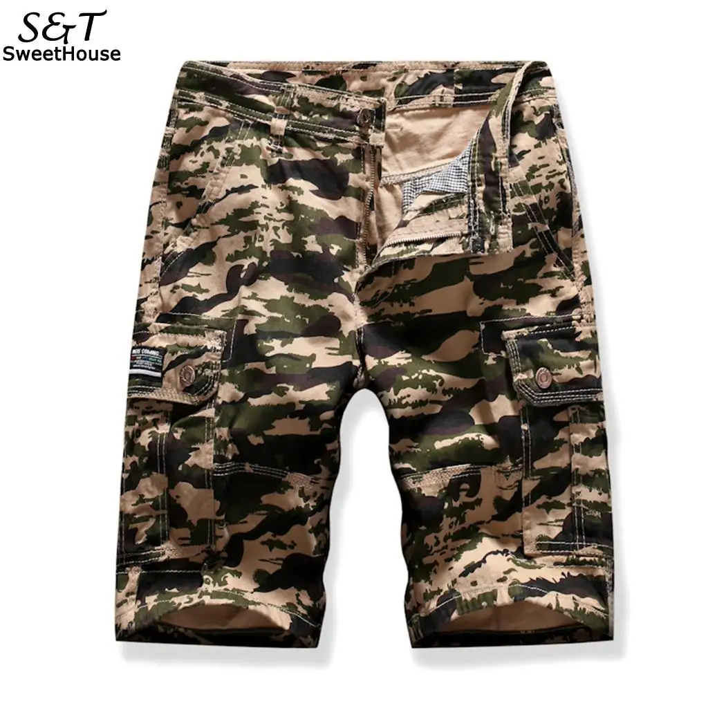 Новые модные мужские повседневные камуфляжные шорты с несколькими карманами на молнии с половинным карманом, брюки стандартной посадки на пуговицах
