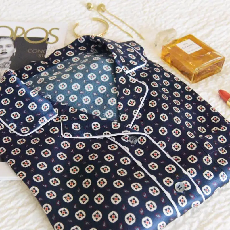 

New FM 100% silk glossy fabrics geometric print long sleeve lady blouses women soie shirt spring autumn