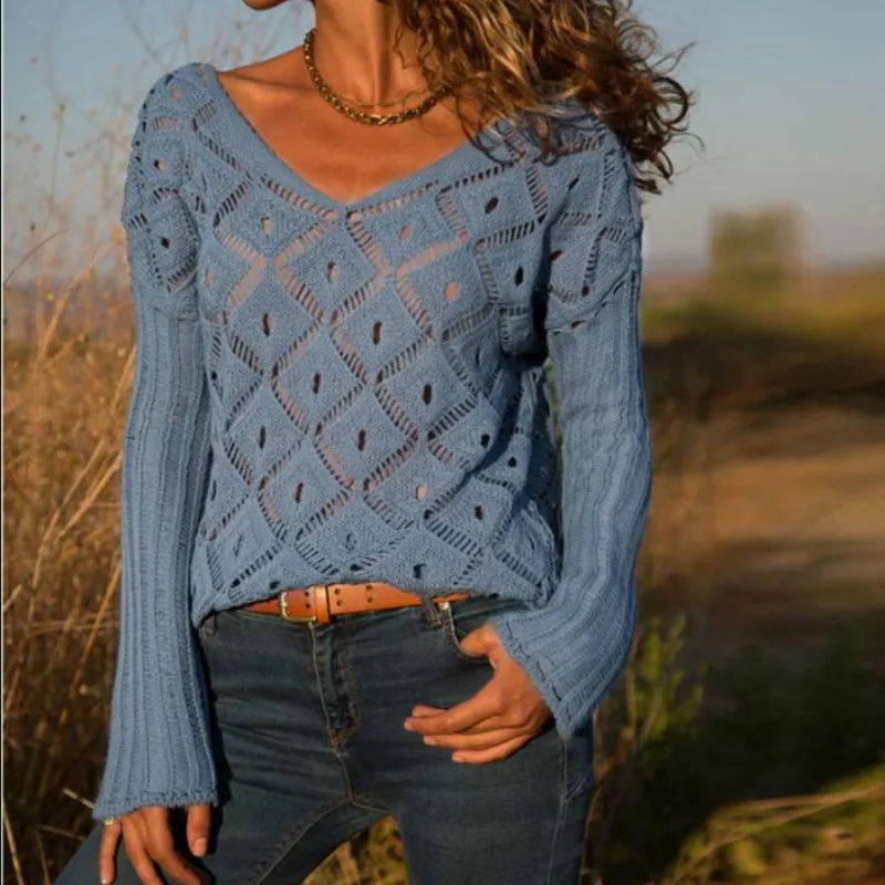 

2019 Women's Clothing Autumn Winter Sweaters New Hollow Solid Color OL Commuter Fashion Sweater Light Thin V-neck Sweater Women