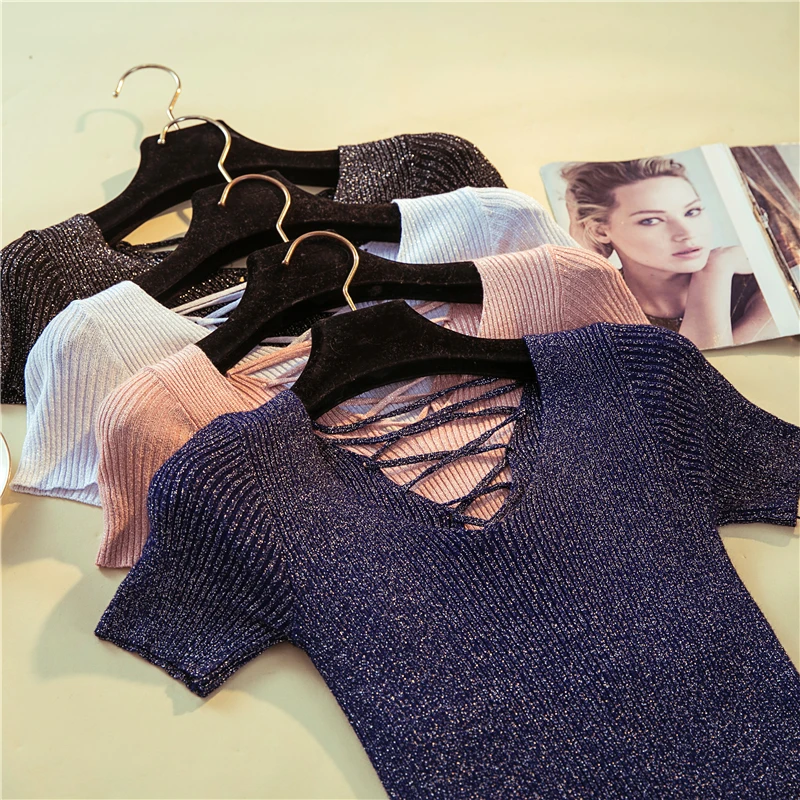 

Nevettle Summer Knitted Sexy Backless Bandage Shiny T Shirts Women Korean style V neck Stretch Slim Tight Tops Femme