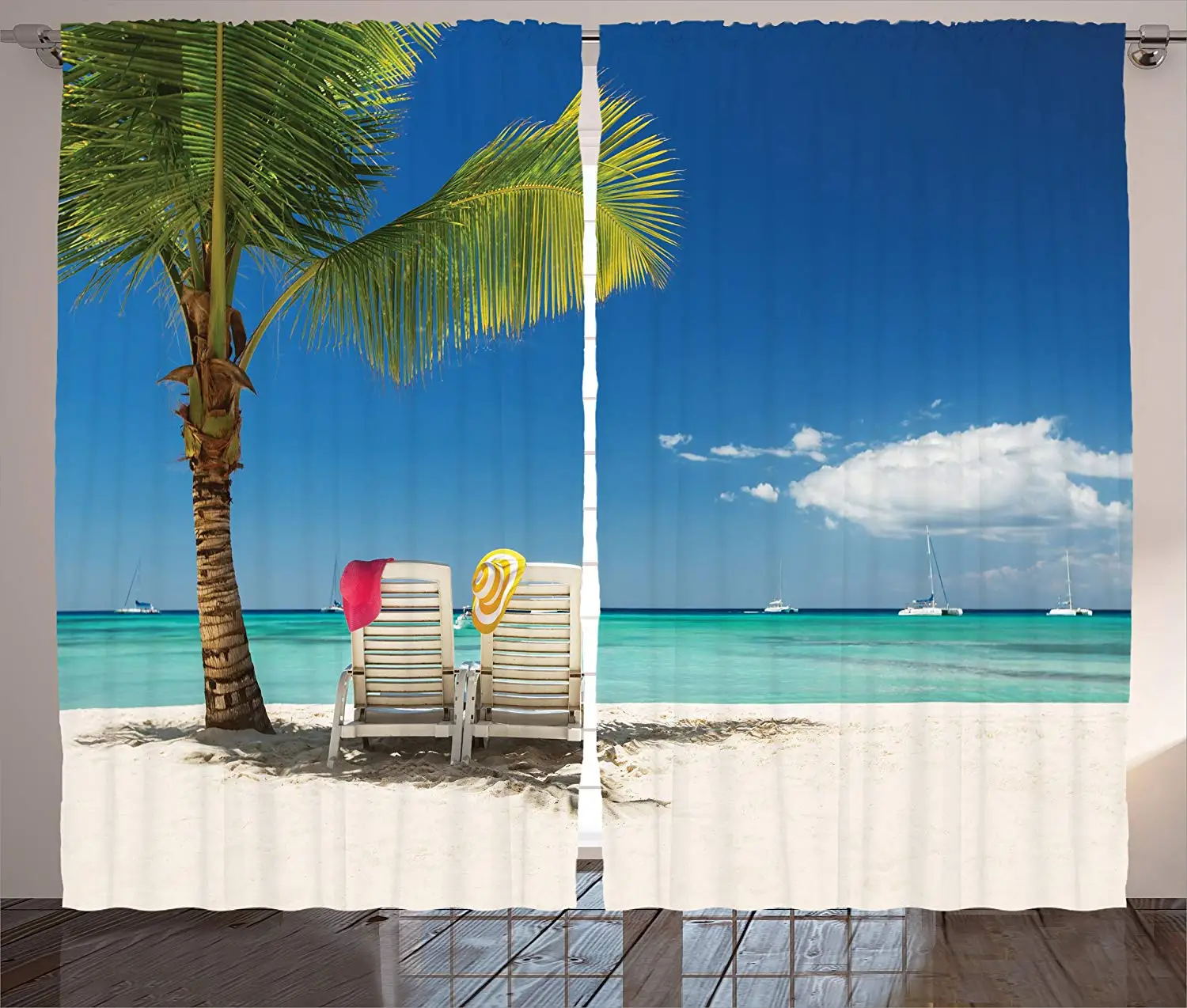 

Seaside Decor Curtains 2 Panel Set Relaxing Scene on Remote Beach with Palm Tree Chairs and Boats Panoramic Picture Living Room