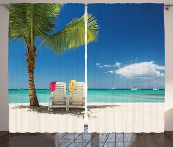 

Seaside Decor Curtains 2 Panel Set Relaxing Scene on Remote Beach with Palm Tree Chairs and Boats Panoramic Picture Living Room