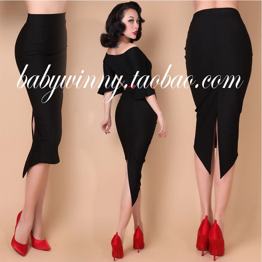 

FREE SHIPPING Vintage Elegant All Match Dovetail Package Hip High Waisted Knee Length Sexy Black Pencil Skirt