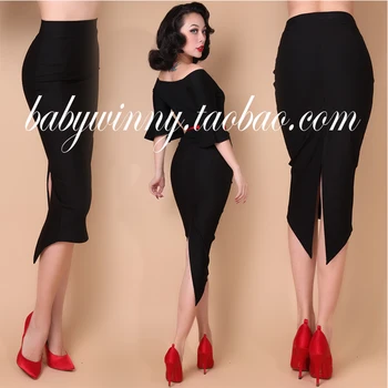 

FREE SHIPPING Vintage Elegant All Match Dovetail Package Hip High Waisted Knee Length Sexy Black Pencil Skirt