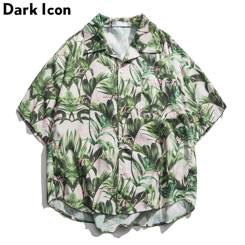 

Dark Icon Leaves Printed Retro Shirt Men 2019 Summer Turn-down Collar Oversized Men's Shirts Loose Hip Hop Shirts