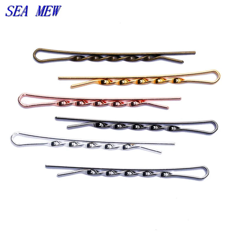 SEA MEW 100PCS 55mm Length Screw Thread Hair Clips Base 6 Colors Plated