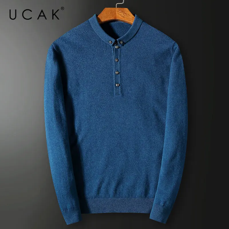 UCAK Brand Merino Wool Sweater Men Autumn Winter Cashmere Sweaters Streetwear Button Small Collar Pull Homme Pullover Men U3027 UCAK Brand Merino Wool Sweater Men Autumn Winter Cashmere Sweaters Streetwear Button Small Collar Pull Homme Pullover Men U3027