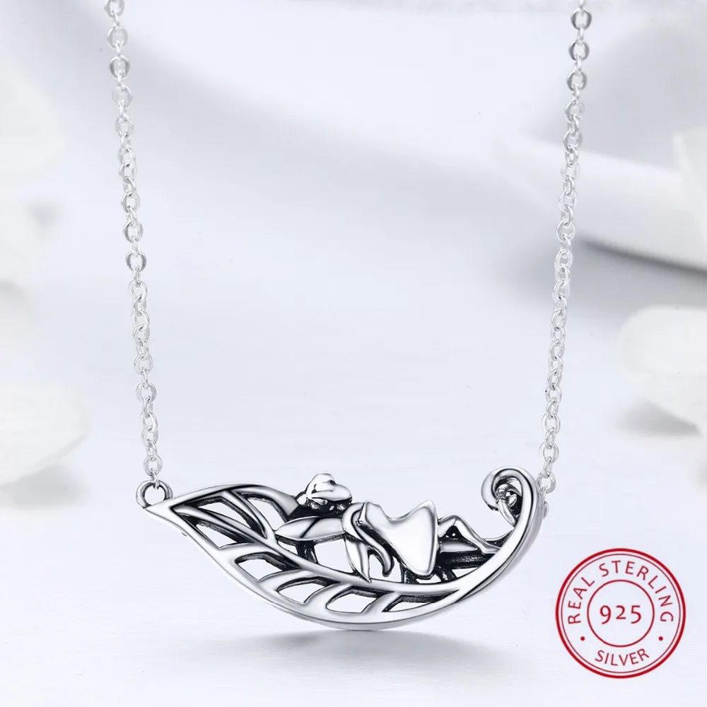 

100% Genuine 925 Sterling Silver Lovely Elf in Leaf Pendant Necklaces for Women Sliver Necklace Fashion Halloween Jewelry Gift