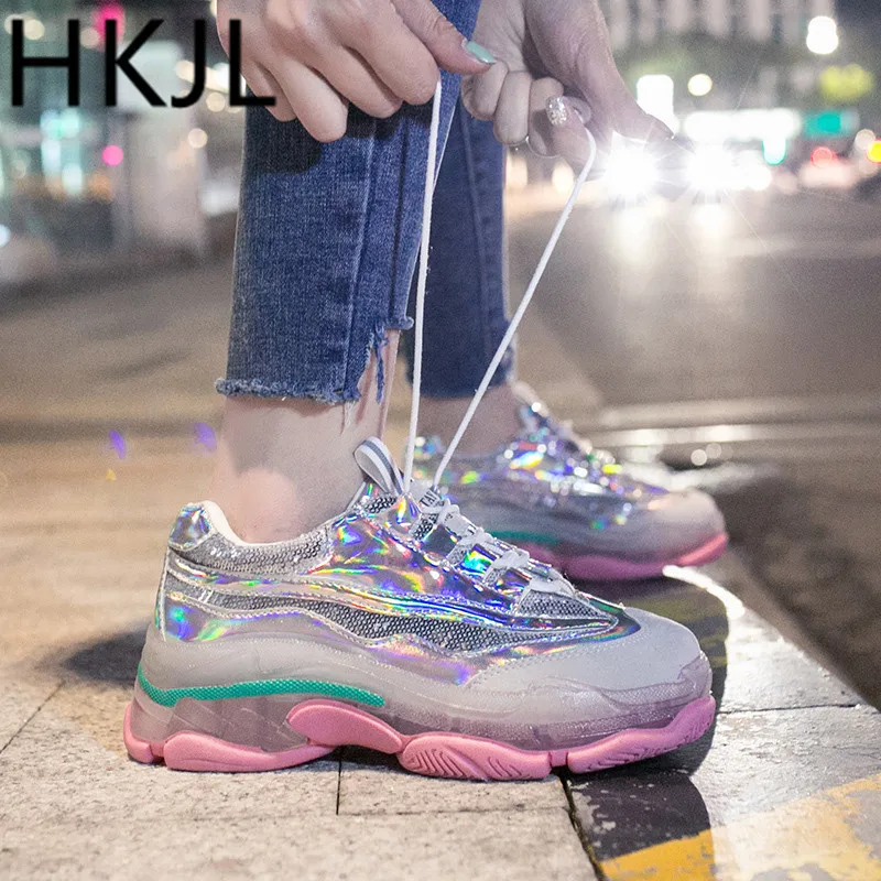 

HKJL spring 2019 New frosted laser-colored sequins, transparent transparent jelly bottom lacing shoes, women's sneakers A538
