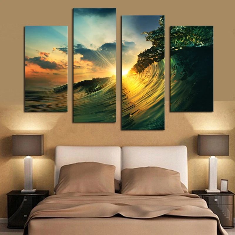 Framed 4 Panels Sunset and waves Scenery Canvas Print Painting Modern Wall Art for Pcture Home Decor Artwork | Дом и сад