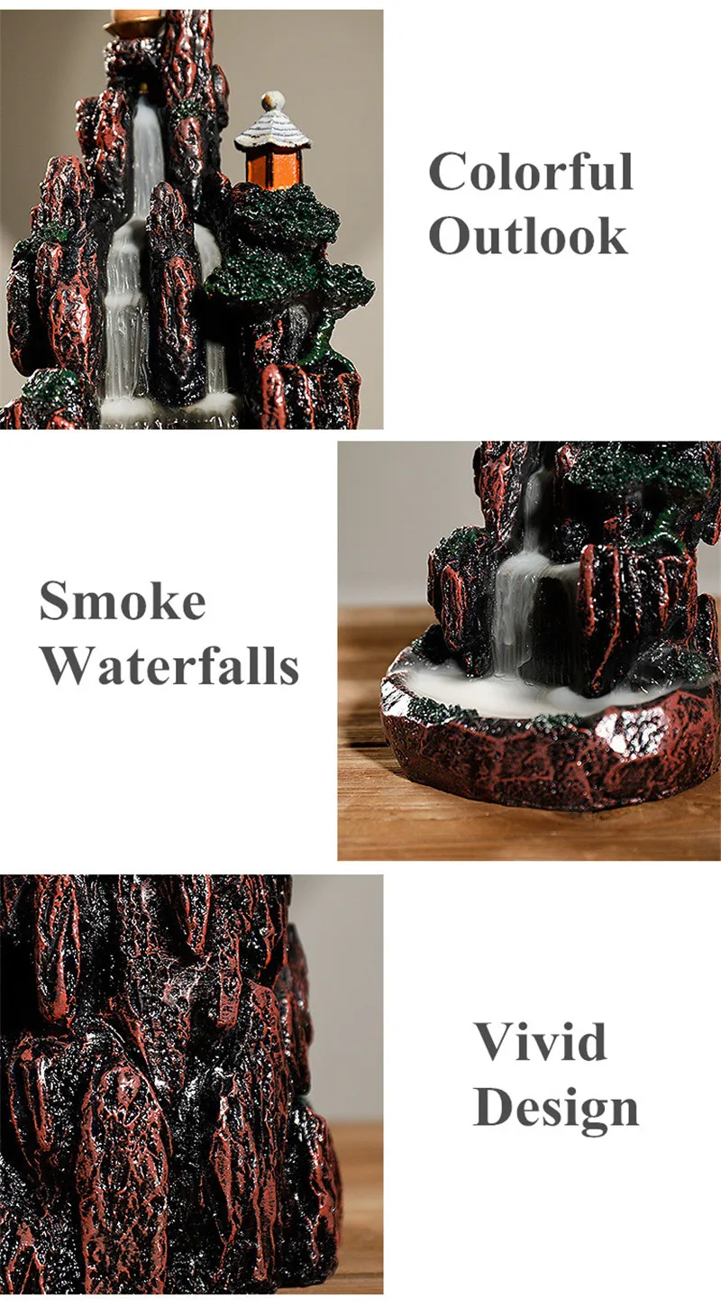 High Mountain Waterfall Design Resin Stone Backflow Incense Burner with 20pcs Mixed Backflow Incense Cones Bullet (4)