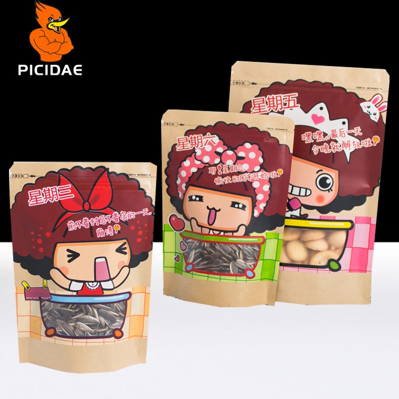 

Cartoon Pattern Kraft Paper Storage Food Bag Snack Nut Casual Tea Candy Window Standing Frosted Printing Zipper Reseal Chocolate