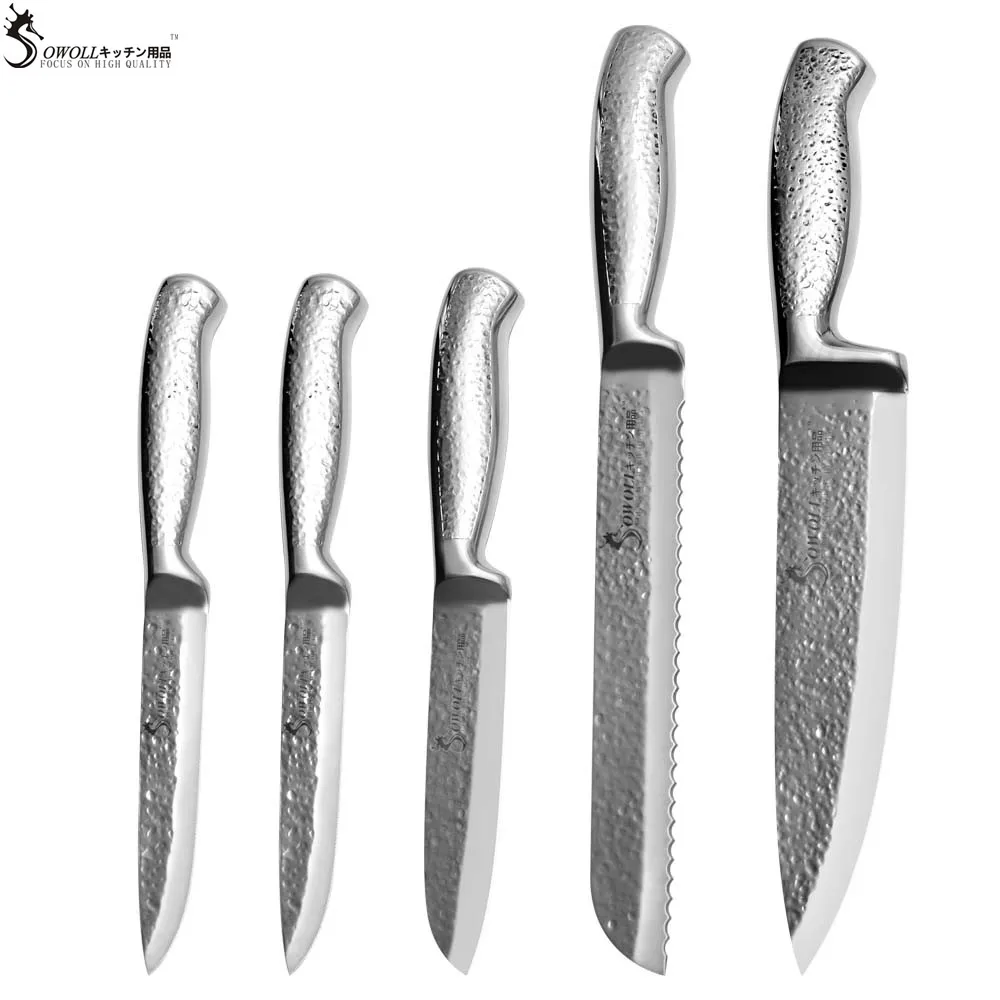 

SOWOLL Brand 5 Piece Set Kitchen Knife Non Slip Handle Cooking Tools Santoku Bread Chef 2* Toothed Utility Stainless Steel Knife