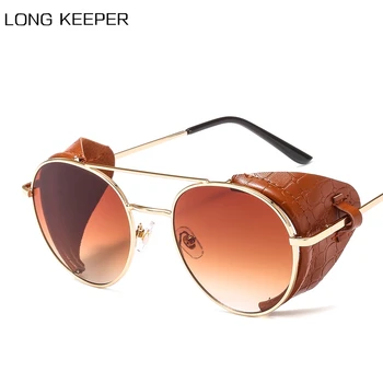 

Retro Steampunk Men Women Sunglasses Fashion Leather Side Shield Round Sun Glasses For Male Steam Punk UV400 Oculos De Sol