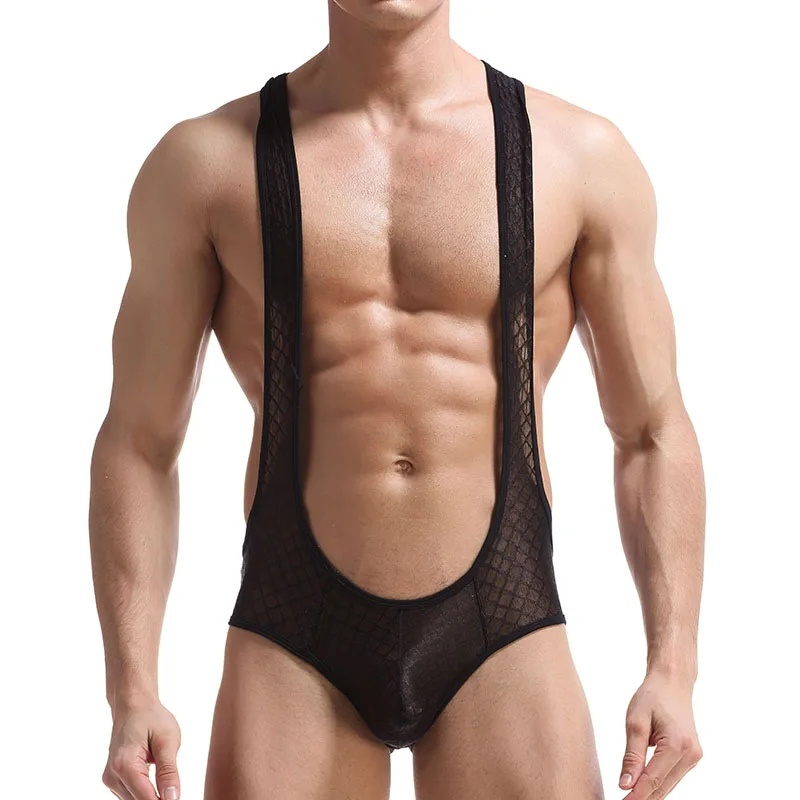 

Sexy Men Bodysuit Bodywear Underwear Sissy Panties Mesh Teddies Jumpsuits Suspender Gay Mens Wrestling Singlet Leotard Underwear