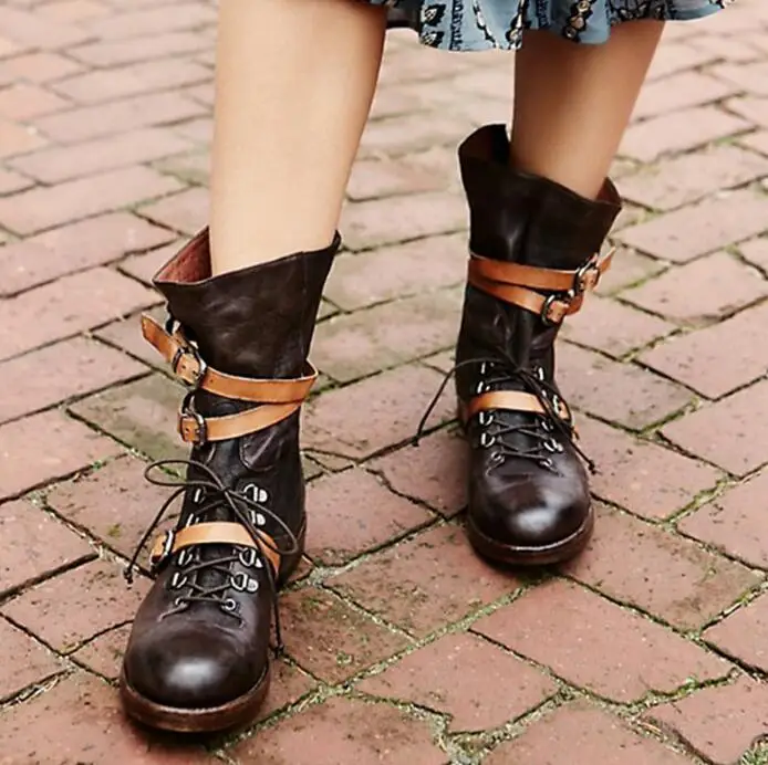 Dark Brown Leather Women Round Toe Ankle Boots Ankle Buckles Ladies