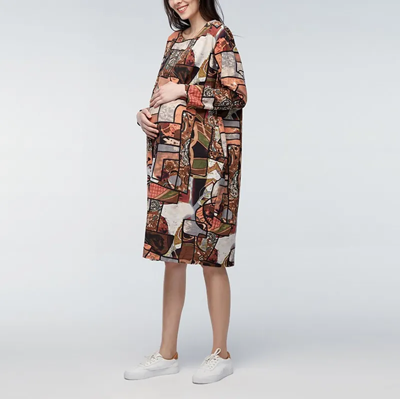 VONDA платья для беременных Одежда для беременных весеннее женское повседневное свободное платье для беременных с длинными рукавами, большие размеры