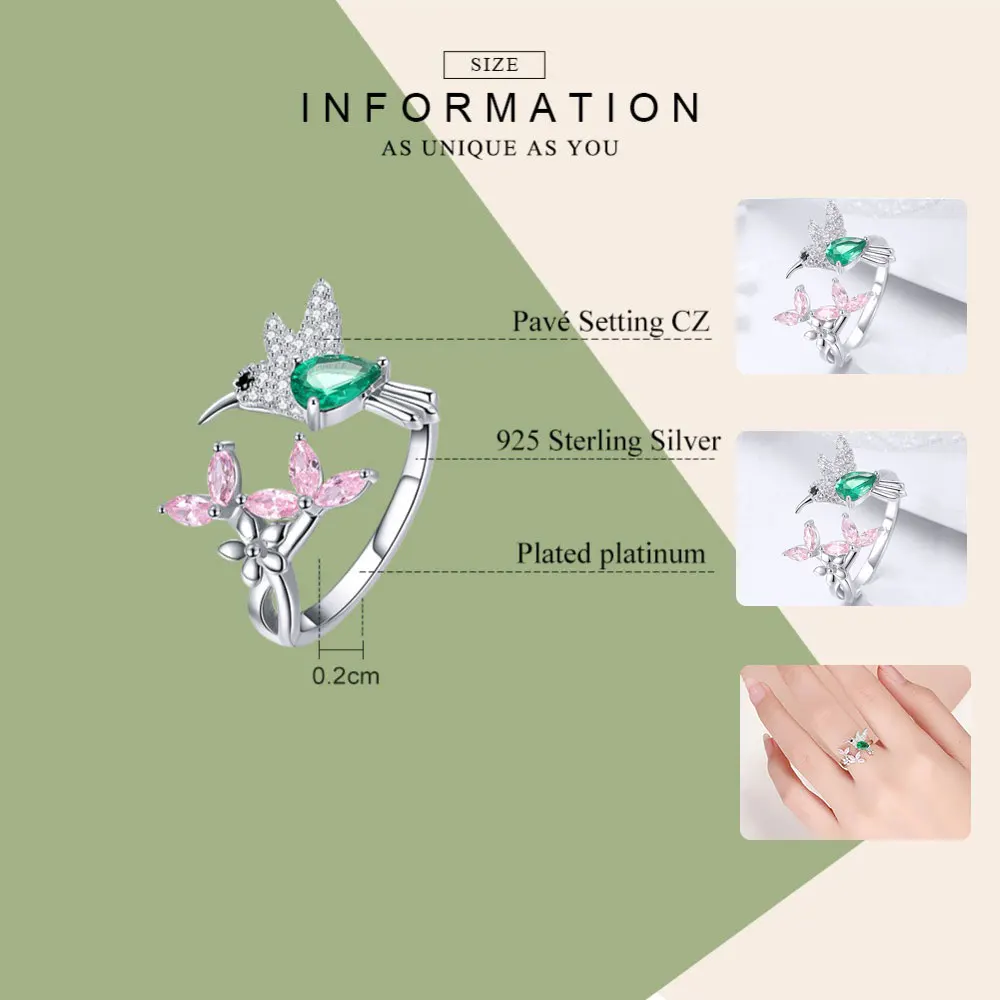 BAMOER 100% 925 Sterling Silver Adjustable Hummingbird Gift Luminous Clear CZ Finger Rings for Women Silver Jewelry BSR016