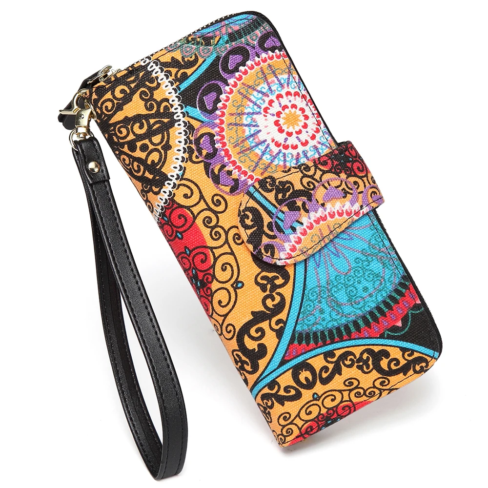 

SANSARYA 2018 New Arrival Boho Wristlet Zipper Women Wallets Bifold Snap Ladies Canvas Clutch Wallet with Strap Large Capacity