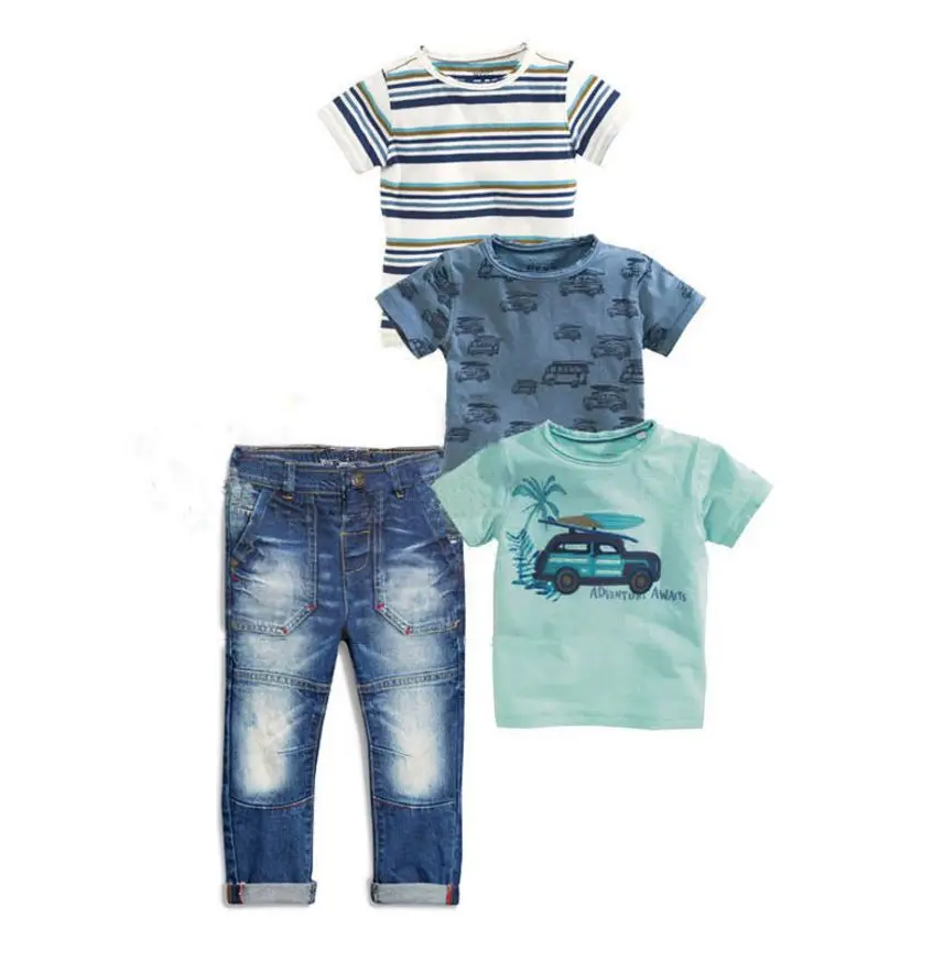 4pcs set Jeans Sets For Kids Boys Baby clothes chlildren boy clothing set Summer Stripe Car truck 3piece shirt + Trousers Jeans