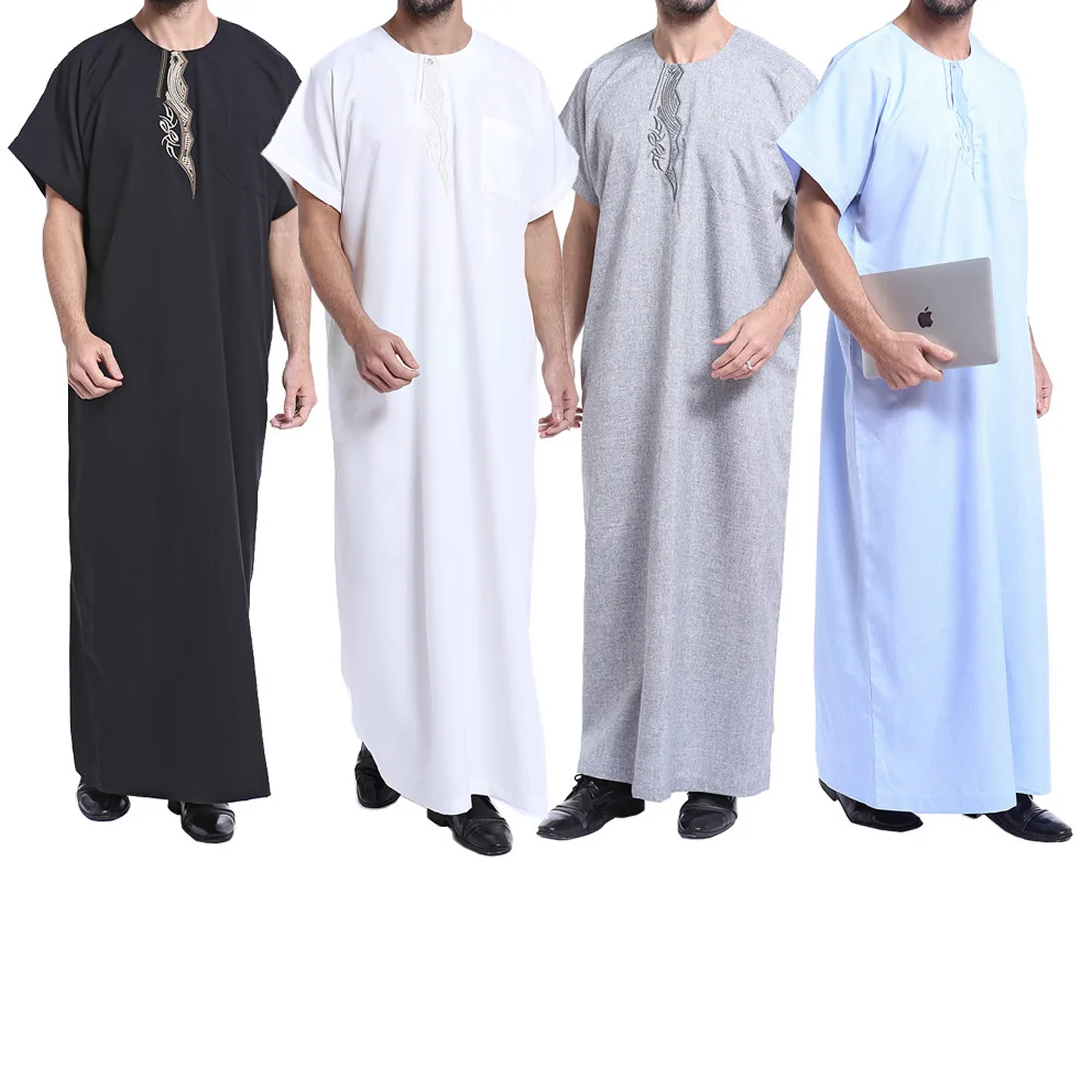 Большие размеры, мусульманская Мужская одежда, модная вышивка, короткий рукав, о-образный вырез, свободный, abaya hombre, черный, белый цвет