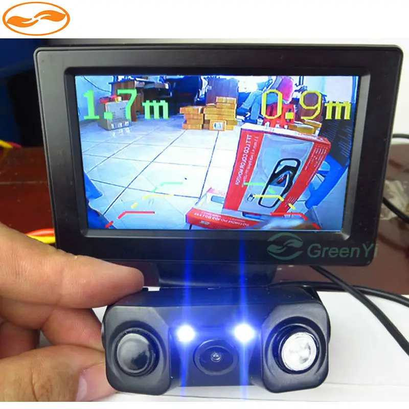 

GreenYi TFT LCD Color 4.3 Inch Car Reversing Monitor + 3in1 Parking Assistance Sensors on Rearview Camera with LEDs