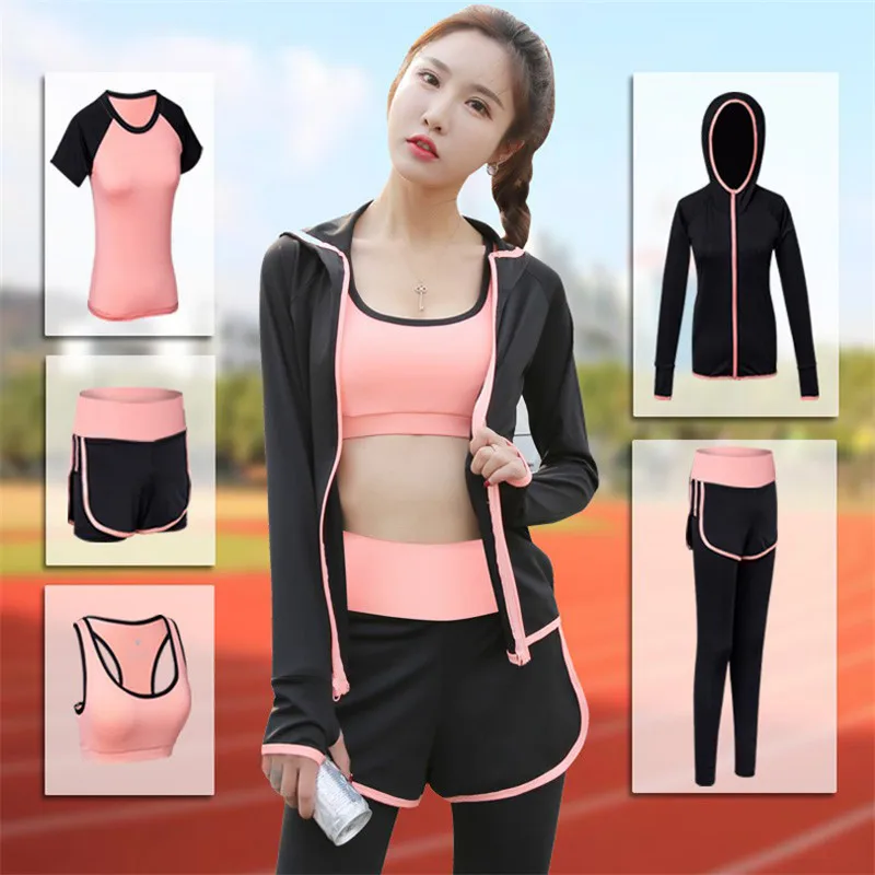

2019 Women 5 Piece Yoga Set for Running T-Shirt Fitness Bra Sports Wear Gym Clothing Women Running Workout Set Yoga Suit